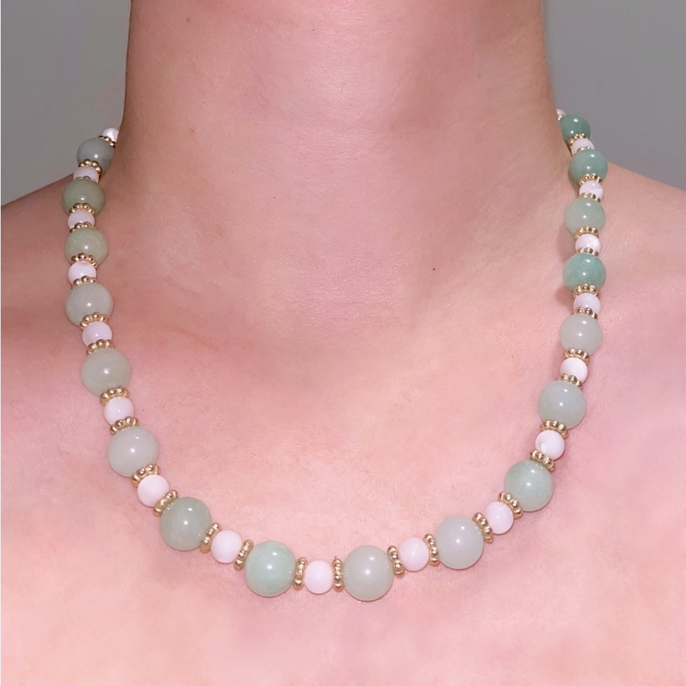 Spring 🌿 Natural Burmese Jade & Mother of Pearl Shell Necklace: Tranquillity